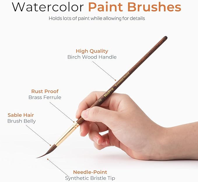 Nicpro 8 PCS Professional Watercolor Brushes, Extended Needle Point Brush Set, Sable Watercolor Brushes with Synthetic Extra Long Tip for Fine Detailing - Watercolor Acrylic Gouache Inks Painting