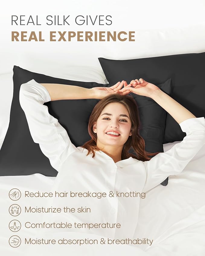 THXSILK Set of 2 Mulberry Silk Pillowcase for Hair and Skin, 100% Mulberry Silk, 19 Momme Both Sides Silk Bed Pillow Cover with Hidden Zipper, Hypoallergenic Silk Pillowcase (King Size 20"x36", Black)