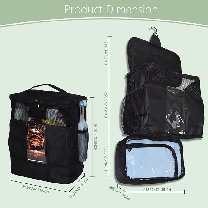 Large Mesh Shower Caddy,Portable Shower Bag Tote Basket,Hanging Quick Dry Toiletry Caddy for College Dorm, Bathrooms, Gyms, Travel, Camping, Swimming, and RVs(with straps) (Black)