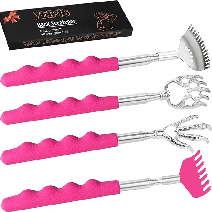4 Pcs Different Style Back Scratcher Metal Portable Telescoping Tool, Extendable Back Massager Back Scratcher with a Box, Great Gifts for Men Women Stocking Stuffers (Pink)