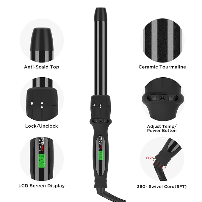 PARWIN PRO BEAUTY 7 in 1 Curling Iron Wand Set,Dual Voltage Curling Wand with 7 Interchangeable Diamond Ceramic Hair Curler Wands with LCD Temperature Control Auto Shut Off Black