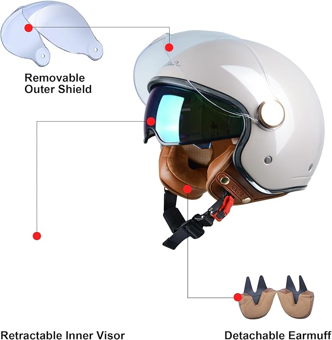 Open Face Motorcycle Helmet for Adults, DOT Approved,3/4 Retro Vespa Helmet, Dual Visors Men's and Women's Motorbike Casco for Moped Cruiser Bobber and Chopper
