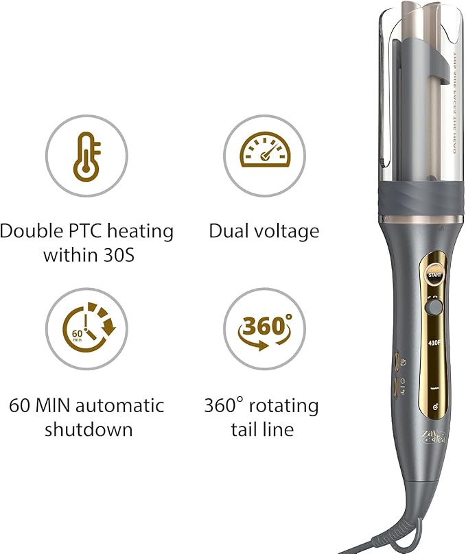 Zavarea Automatic Rotating Curling Iron for Long Hair - 1 Inch Curling Wand for Beach Waves & Loose Curls, Easy Hair Curler for Beginners, Anti-Scald & Frizz-Free, Dual Voltage for Travel