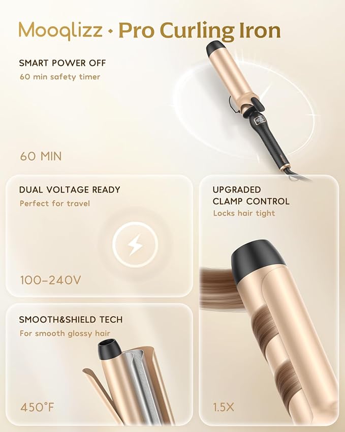 Professional Curling Iron 2 Inch, Large Barrel Curling Wand for Long Hair, MCH Heating with 12 Temperature, Dual Voltage, Black