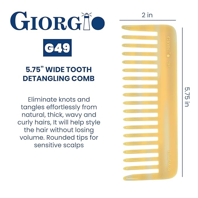 Giorgio G30 Large 5.75 Inch Detangling Comb, Wide Teeth for Thick Curly Wavy Hair. Long Hair Detangler Comb For Wet and Dry. Handmade of Cellulose, Saw-Cut, Hand Polished, Ivory