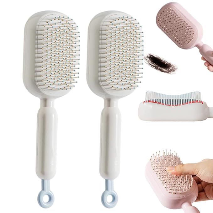 Retractable Cushion Massage Comb, 2026 New Self Cleaning Hair Brush, Anti Static Self Cleaning Hair Brush for Women Men (White#2Pcs)
