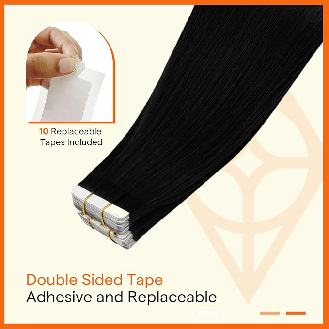 Full Shine Black Virgin Tape in Hair Extensions Human Hair Color 1 Jet Black 16 Inch Tape in Double Sided Seamless Hair Extension Invisible Skin Weft Hair 20Pcs 50Gram Add Volume for Thinning Hair