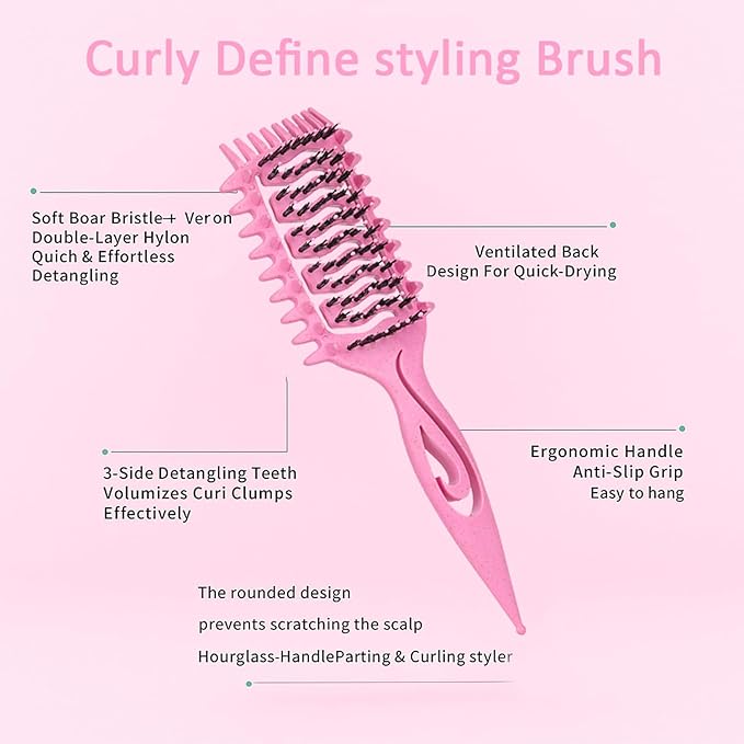 Curl Defining Brush, Curly Hair Brush for Detangling Shaping and Styling Curly Hair, Vented Candy Brush for Wet or Dry Hair Types for Women and Girl, Defining with Side Gear, Reduces Frizz (Pink)