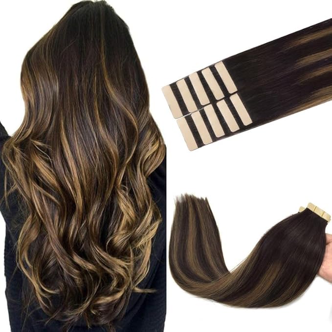 GOO GOO Tape in Hair Extensions Human Hair, 2/6/2 Balayage Dark Brown to Chestnut Brown, 14inch 25g 10pcs, Skin Weft Seamless Invisible, Silky Straight with Thick Ends, Remy Human Hair