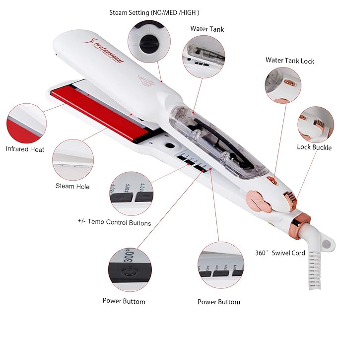 DORISILK Steam Hair Straightener and Curler Iron 2 in 1, Professional Salon Infrared Flat Iron Wide Tourmaline Ceramic Plate, Vapor Straighteners for Hair Instant Heat Up Adjustable Temp, 2 Inch White