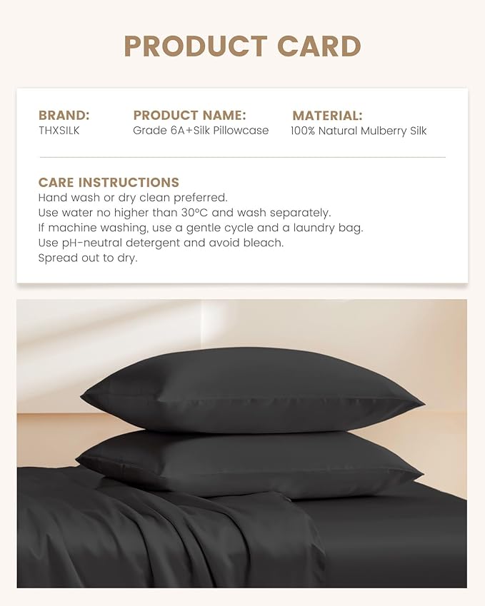 THXSILK Set of 2 100% Mulberry Silk Pillowcase for Hair and Skin, Both Sides 19 Momme Pure Natural Silk Pillowcases, Soft and Breathable Black Zipper Pillowcases, Queen Size 20"×30"