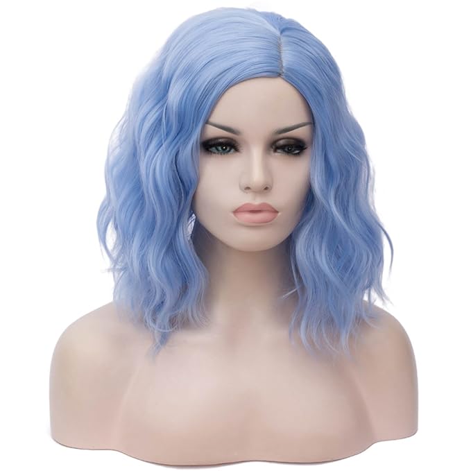 BUFASHION 14" Women Short Light Blue Kinky Straight Cosplay Synthetic Wigs With Air Bangs 46 Colors Available (Light Blue)