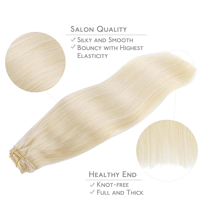 WENNALIFE Clip in Hair Extensions Real Human Hair, 16 Inch 120g 7pcs Platinum Blonde Hair Extensions Clip in Human Hair Remy Clip in Hair Extensions Real Human Hair Double Weft