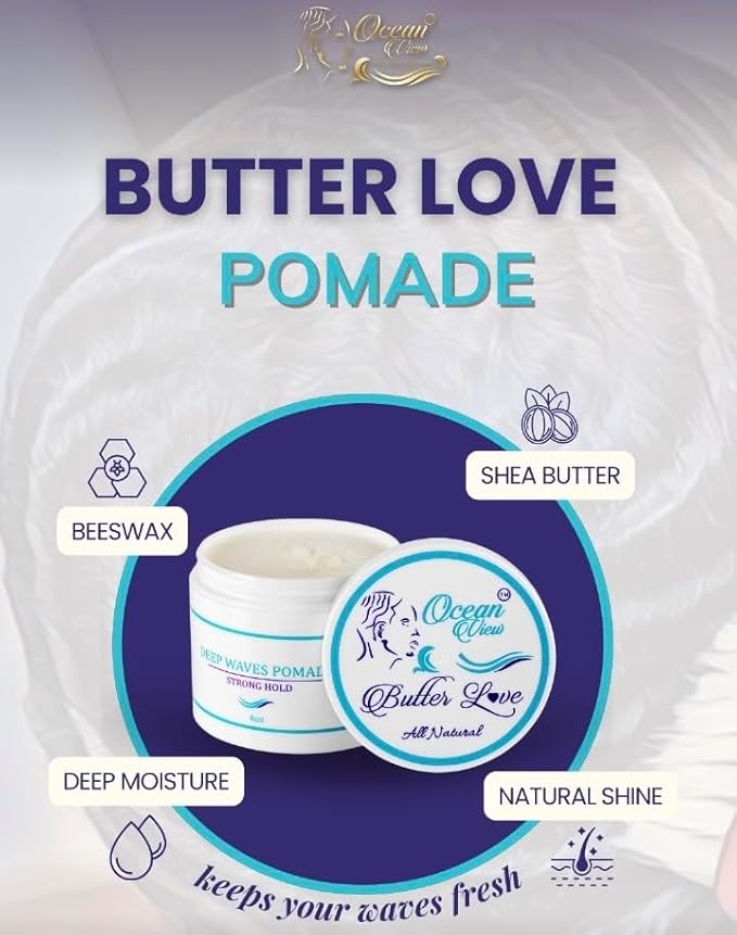 OCEAN VIEW DEEP WAVES POMADE Butter Love, 360 Wave Grease for Men Promotes Layered Waves, Moisture, Control and Silky Shine – All Natural Wave Cream with Shea Butter and Beeswax for Wolfing (4 oz)