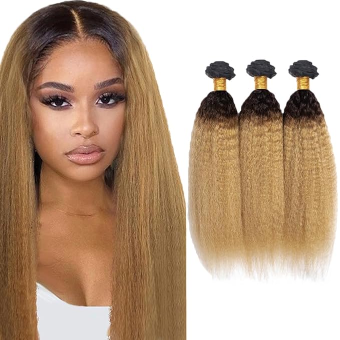 Ombre Human Hair Bundles 1B27 Kinky Straight Bundles 26 28 30 Inch Double Weft 2 Tone Black and Blonde Bundle Grade 8A Peruvian Virgin Remy Hair Extensions 100g/Pc