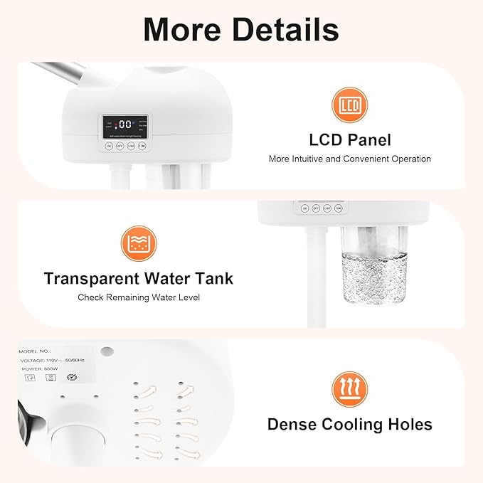 Professional Facial Steamer, 750W White Skin Care Equipment w/Wheels & LCD Panel, PTC Heating, 600ml Large Capacity Face Steamer Machine, Adjustable Height Hot Mist Steamer for Beauty Salon