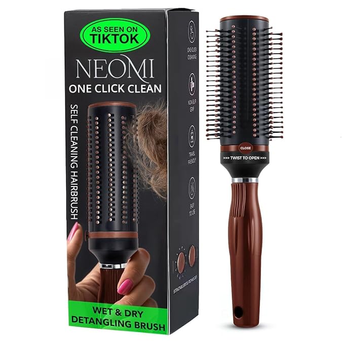Self Cleaning Brushes for Women - Roller Retractable Detangler Round Brush for Blow Out Travel Brown Christmas Gifts for Womens
