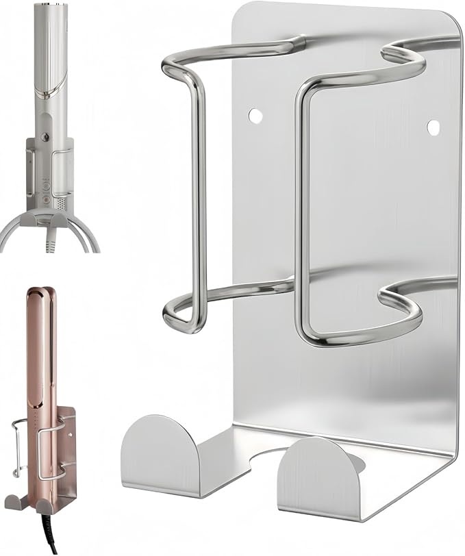 Curling Iron Holder, Stainless Steel Flat Iron Holder Wall Mount, Hair Straightener Holder for Bathroom Storage, Flat Iron Holder Wall Mount Space Saving Hair Tool Organizer Silver BANJEKT