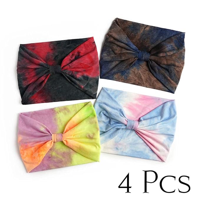 Wide Headbands Stretch Turban Knotted Hairbands Elastic Yoga Workout Sweatband Running Sport Head Scarf Large African Head Wraps for Women 4 Pcs (Set F)