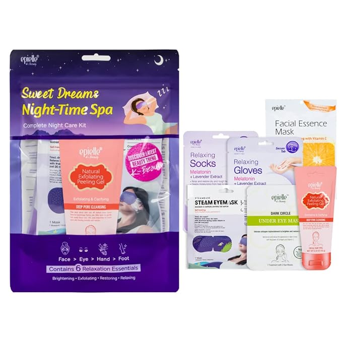 Epielle Sweet Dream Night-Time Spa Kit, 6 Relaxation Essentials, At-Home Spa Kit for Radiant Skin, Self Care Gifts for Women, Korean Skin Care Set, Stocking Stuffers