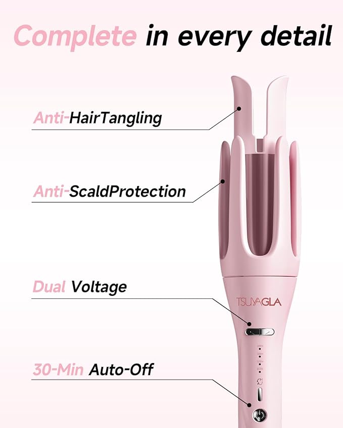 3 in 1 Automatic Curling Iron, Hair Curlers with 3 Curling Barrels (1" - 1.25" - 1.5"), Rotating Curling Iron with 3 Temp, 2-Way Rotation, 10S Fast Heating, Anti-Scald, Dual Voltage, Pink