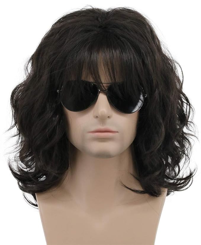 karlery California 70s 80s Rocker Wig Men Women Long Curly Dark Brown Halloween Costume Anime Wig