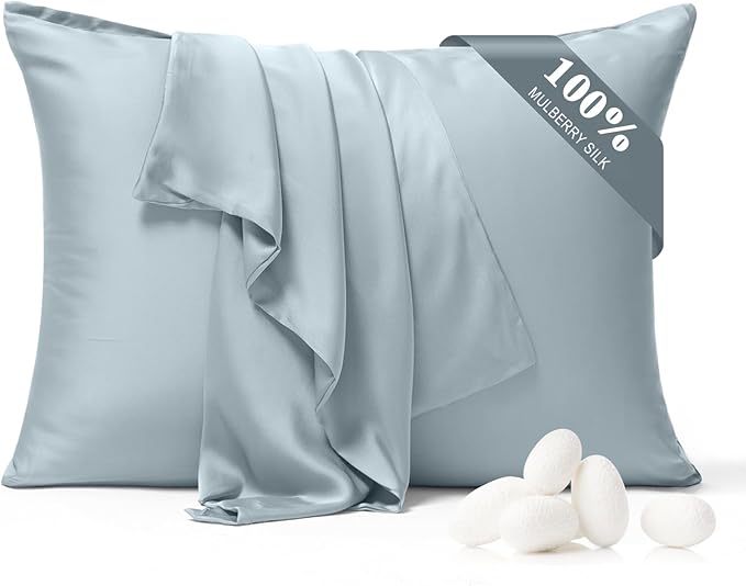 100% Pure Silk Pillowcase 2 Pack for Hair and Skin, Both Sides 23 Momme Grade 6A+ Mulberry Silk Pillowcases with Hidden Zipper, Soft&Smooth Cooling Pillow Cases (Ash Blue, King 20x36)