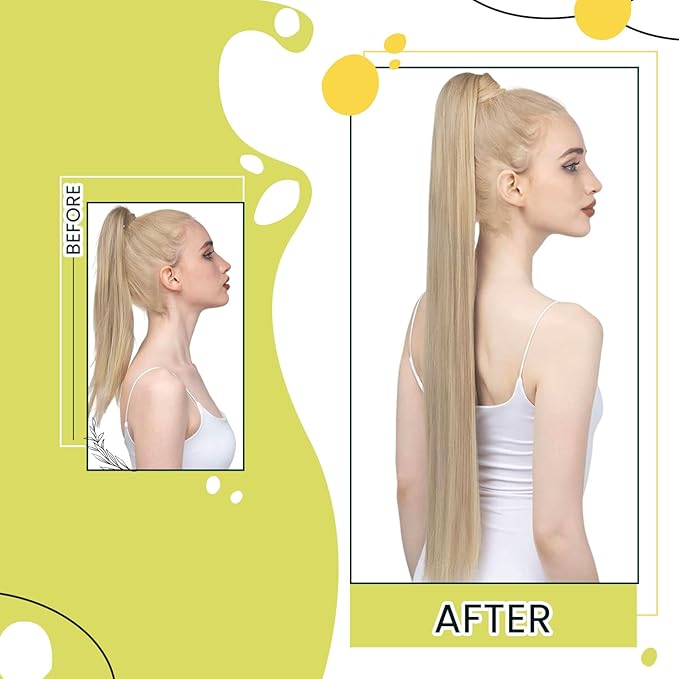 RUNATURE Ponytail Extension Human Hair, Real Hair Ponytail Extensions for Women, Natural Human Hair Ponytail with Magic Paste, 16 Inch 80g #16P22 Beige Blonde Highlights