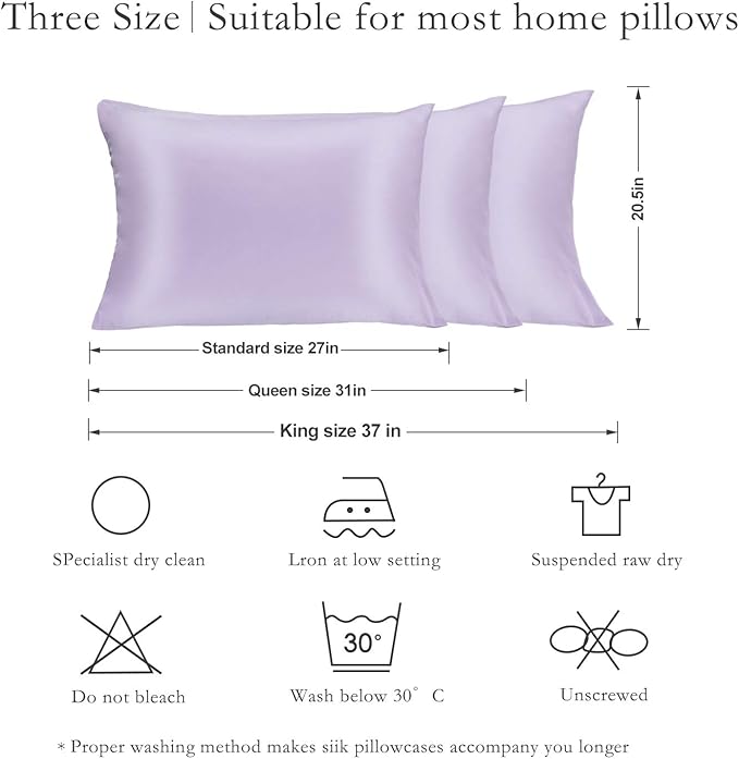 Silk Pillowcase for Hair and Skin 2 Pack 100% Mulberry Silk Bed Pillowcase Hypoallergenic Soft Breathable Both Sides Silk Pillow Case with Hidden Zipper, Pillow Cases (Standard, Light Purple)