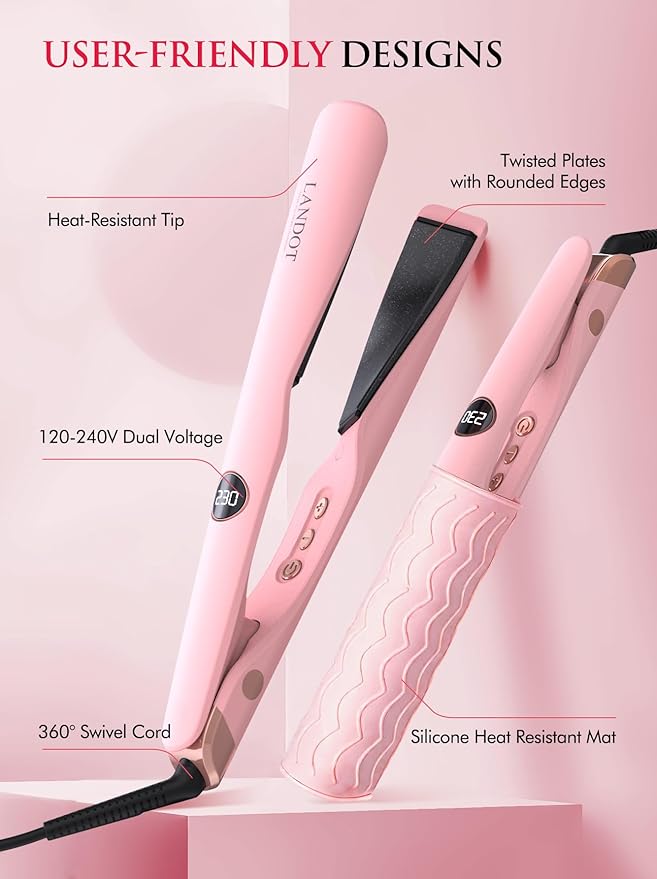 LANDOT 2-in-1 Hair Straightener and Curler - Upgrade Twist Flat Curling Iron for Sleek Straight, Bouncy Curls, Beach Waves, Tourmaline Ceramic, Dual Voltage, Adjust Temp 250-450°F for All Hair Types