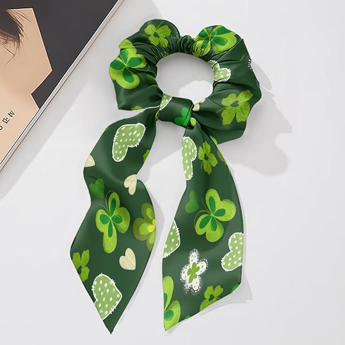 Green Leaf Hair Scrunchies with Ribbon Pack of 2 St Patricks Day Ribbon Bow Hair Ties for Girls No Damage Scarf Scrunchies Knotted Bow