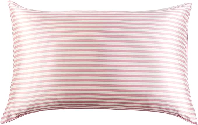 THXSILK Mulberry Silk Pillowcase for Hair and Skin Health, Grade 6A+ Mulberry Silk Pillowcase with Hidden Zipper, Soft and Breathable, 1pc (Queen 20"x30", Pink White Stripes)