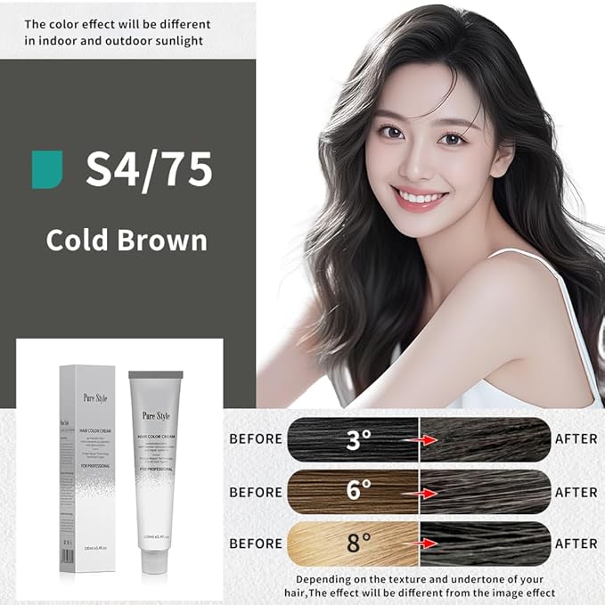PureStyle 100g Professional Permanent Hair Color Dye Cream Ammonia Free, Long Lasting Cold Brown Color, Natural Shine, For All Hair Types Easy At Home Application (S4/75 Cold Brown)
