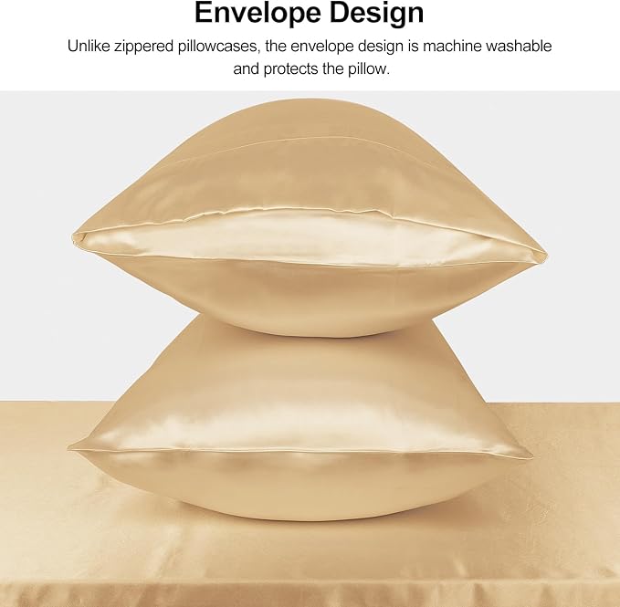 Lirex Satin Pillowcase for Hair and Skin, Super Soft and Cooling Similar to Silk, 2 Pack Standard Size 20"X 26" Pillow Cases with Envelope Closure, Gifts for Women Men, Champagne