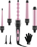 5 in 1 Curling Wand Set: Ohuhu Curling Iron Wand 5Pcs 0.35 to 1.25 Inch Interchangeable Ceramic Barrel Heat Protective Glove 2 Clips Dual Voltage Hair Curler for Girl Women Mother Christmas Gift Pink
