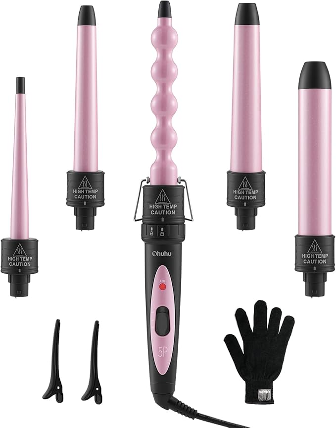 5 in 1 Curling Wand Set: Ohuhu Curling Iron Wand 5Pcs 0.35 to 1.25 Inch Interchangeable Ceramic Barrel Heat Protective Glove 2 Clips Dual Voltage Hair Curler for Girl Women Mother Christmas Gift Pink