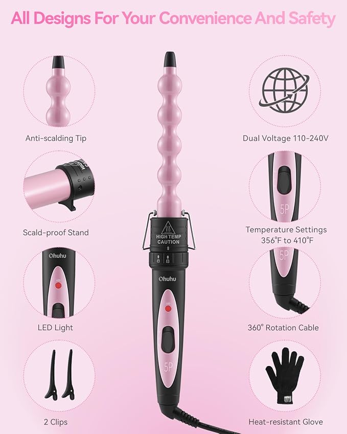5 in 1 Curling Wand Set: Ohuhu Curling Iron Wand 5Pcs 0.35 to 1.25 Inch Interchangeable Ceramic Barrel Heat Protective Glove 2 Clips Dual Voltage Hair Curler for Girl Women Mother Christmas Gift Pink