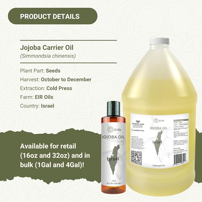 Jojoba Oil - Direct from EIR Oils' Farm in Israel - 100% Pure Carrier Oil for Hair, Face, and Skin - Hand-Picked, Cold-Pressed Carrier Oil (1 Gallon)