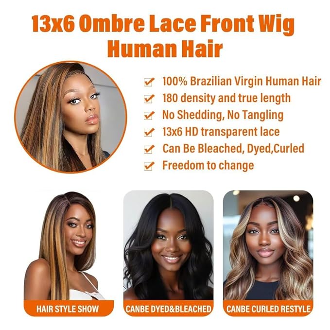 13x6 Ombre Lace Front Wigs Human Hair for Women 180 Density 4/27 Highlight Colored HD Transparent 30 Inch Straight Lace Front Wig Human Hair Pre Plucked Glueless Lace Frontal Wigs