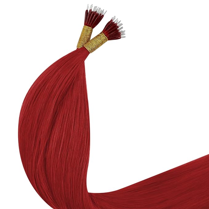 YoungSee Nano Bead Hair Extensions Red Nano Ring Hair Extensions Human Hair 20 Inch Nano-Loop Hair Extension Colorful Nano Extension Real Human Hair for Women Highlights 25g 25s