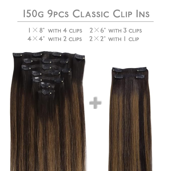 WENNALIFE Clip in Hair Extensions, 150g 16 Inch 9pcs Balayage Dark Brown to Chestnut Brown Human Hair Extensions Thicker Clip in Hair Extensions Real Human Hair Clip Set Double Weft