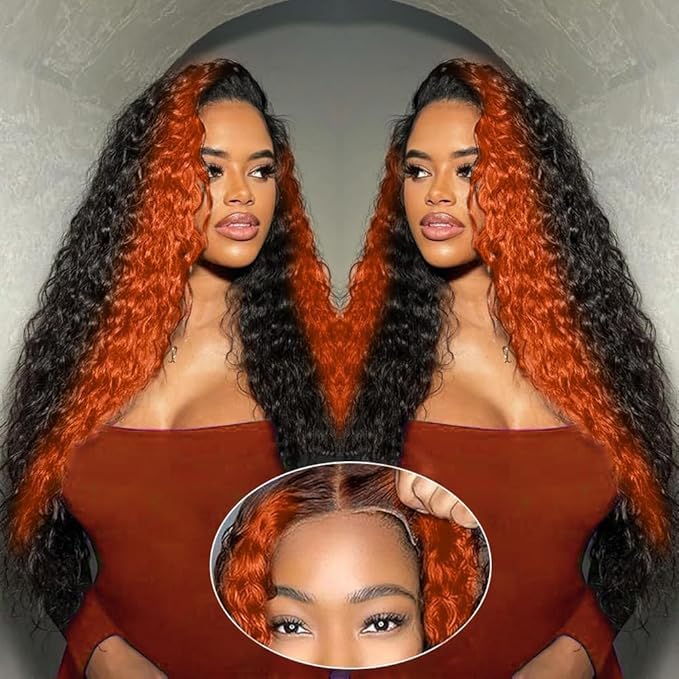 250 Density Curly Lace Front Wigs Human Hair Pre Plucked Hairline Glueless Wig 13x6 HD Lace Frontal Wigs for Women Ginger Orange Colored Ombre Wig Brazilian Virgin Hair 28inch