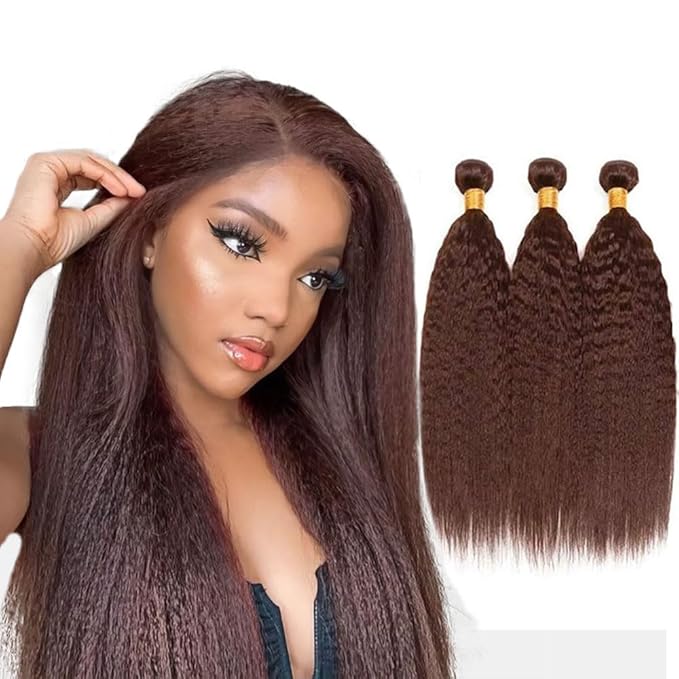 Brown Yaki Straight Human Hair Bundles Chocolate Brown Kinky Straight Bundles 18 20 22 Inch Grade 8A Brazilian Virgin Remy Hair Extensions Double Weft Real Color 4 Hair Weave