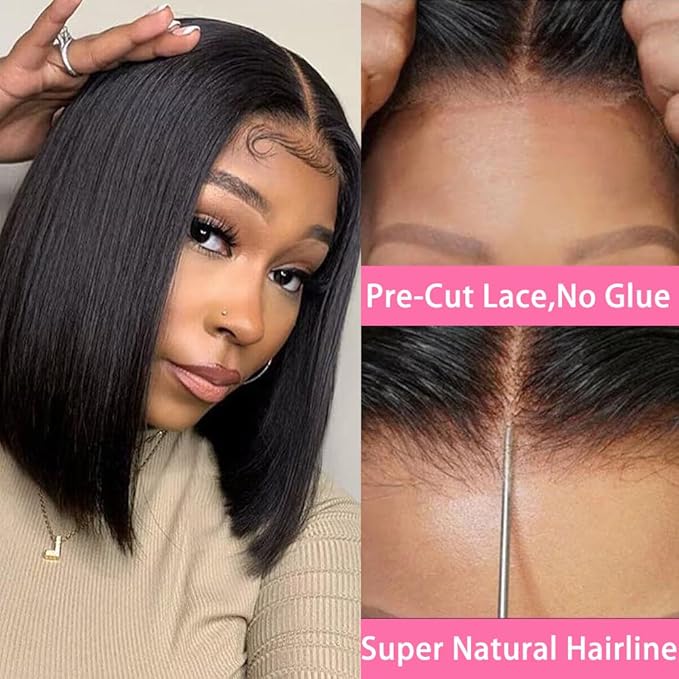 Wear and Go Glueless Bob Wig, 14 Inch, 180% Density, Human Hair, Natural Black, No Shedding, No Tangle, Adjustable Elastic Cap
