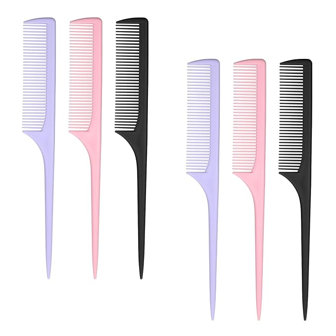 6 Pcs Rat Tail Combs, Fine Tooth Parting Tip for Women, Carbon Fiber Root Teasing Anti Static Hair Comb for Root Teasing Back Combing Adding Volume Evening Styling, Two each of pink, purple, and black