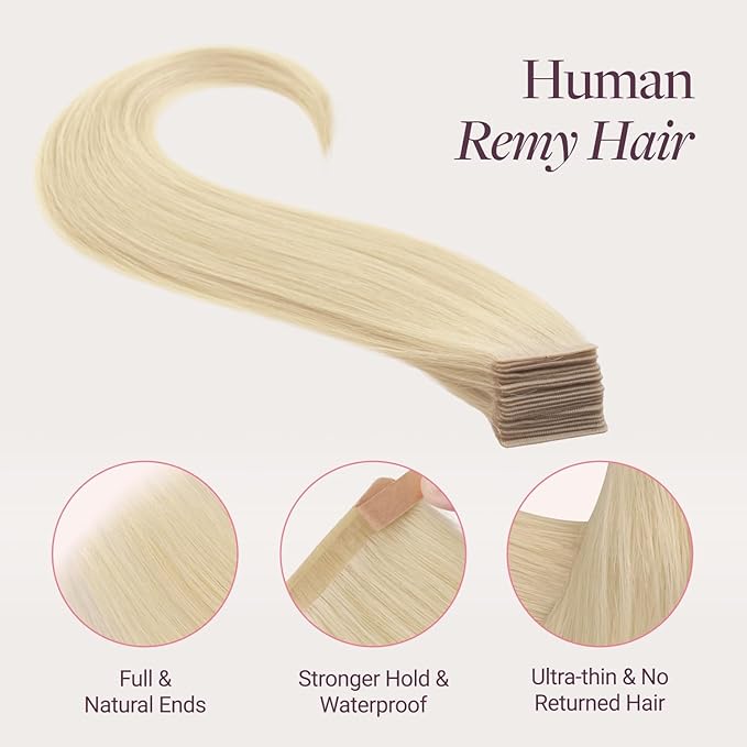 GOO GOO Genius Tape in Hair Extensions, Hand Tied Tape Weft, 60A Platinum Blonde, 20inch 50g 20pcs, Remy Human Hair, Seamless Invisible Tape, Natural Blend, Lightweight