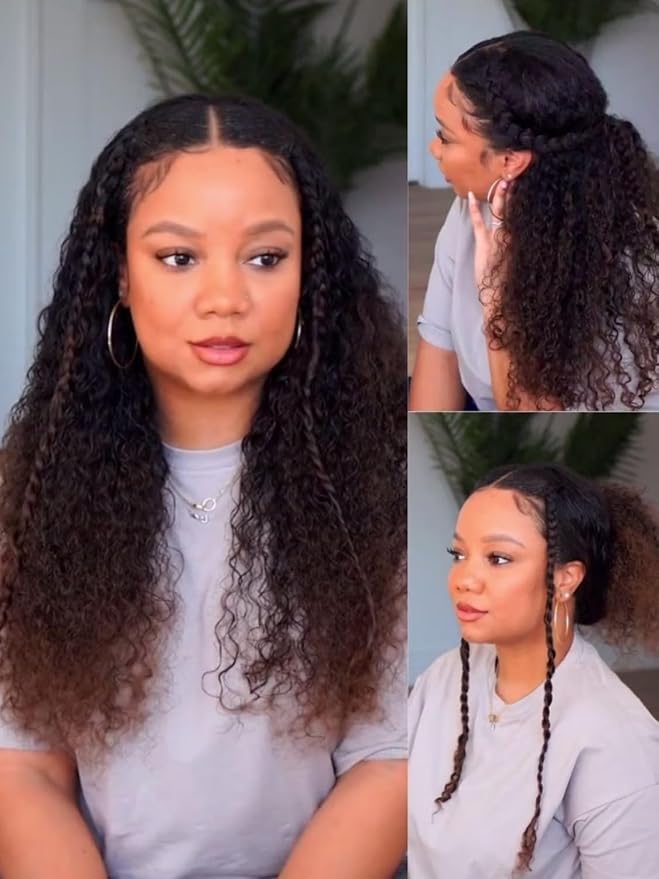 YIROO EasiContour V Part Ombre Brown Human Hair Wig Curly 12A Glueless Upgrade U Part Wig Ombre Black to Chestnut Brown No Leave Out V Shape Clip Wigs Ready to Go 150% Density Beginner Friendly 22Inch