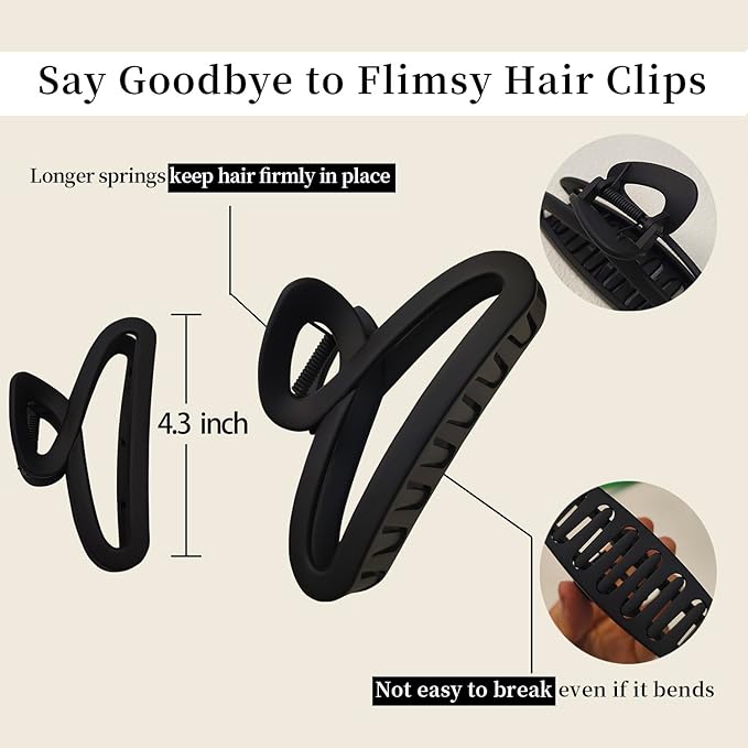 Hair Claw Clips, Large Non-Slip Unbreakable 4.3 Inch Matte Hair Claws for Women Long or Thick Curly Hair, 4 Pack