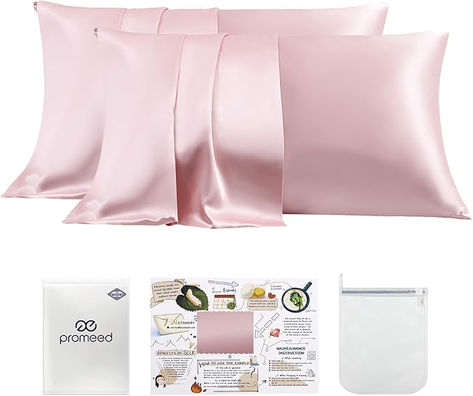 PROMEED 23 Momme Silk Pillowcase 2 Pack with Zipper, 3rd Gen Grade 6A+ 100% Mulberry Silk Pillow Case Set of 2, Cooling Pillow Cases for Hot Sleepers (Standard 20"x26", Pink)