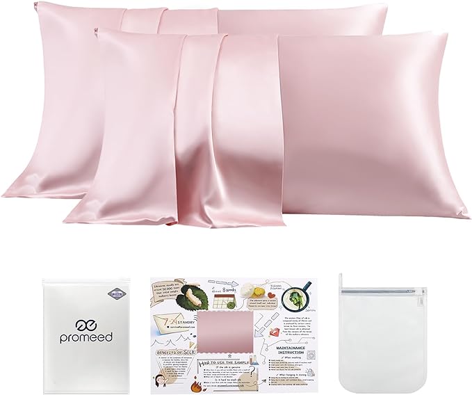 PROMEED 23 Momme Silk Toddler Pillowcase 2 Pack with Free Laundry Bag, Natural Highest Grade 6A+ 100% Mulberry Silk Pillow Case Set of 2, Zipper (Toddler/Travel 13"x18", Pink)